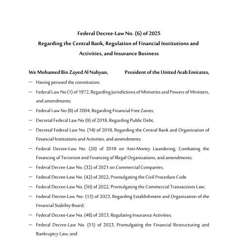Document preview: UAE Federal Decree-Law No. 6 of 2025: Enhancing Financial Sector — Banking & finance (CERFA n°Federal Decree-Law No. (6) of 2025)