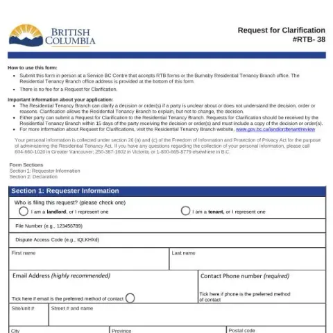 Document preview: Understanding the RTB-38 Request for Clarification Form — Housing (RTB-38)