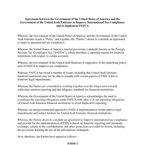 Document preview: Navigating the FATCA Agreement Between the U.S. and UAE — Government & admin (CERFA n°FATCA-Agreement-UAE-6-17-2015)