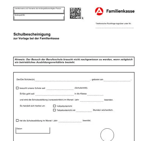 Dokumentvorschau: Wichtige Informationen zur Schulbescheinigung KG 5a für Kindergeld — Familie (CERFA n°kg5a_ba031890)