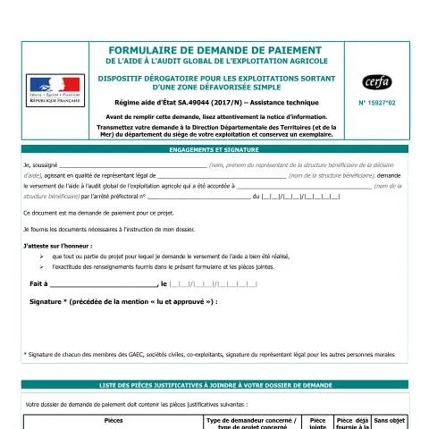 Aperçu du document Paiement aide audit global : exploitations quittant les zones — Démarches administratives (CERFA n°15927*02)
