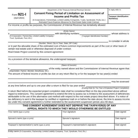 Document preview: The Importance of IRS Form 921-I for Taxpayers — Taxes (CERFA n°921I)