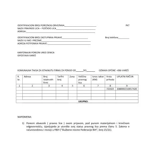 Document preview: Ključne informacije o prijavi komunalne takse u Varešu — Porezi i fiskalnost (CERFA n°PKT-ZDK-096)
