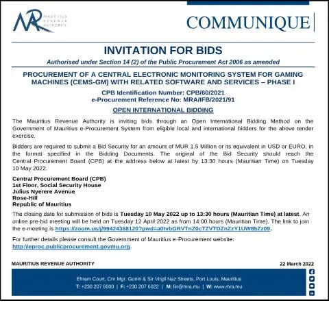 Document preview: Mauritius MRA Launches CEMS-GM Procurement for Gaming Oversight — Government & admin (CERFA n°Communique220322)