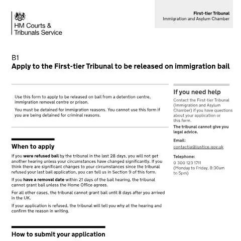 Document preview: How to Apply for Immigration Bail Using Form B1 in the UK — Legal & justice