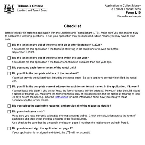 Document preview: How to Use Form L10 to Recover Money from Former Tenants in Ontario (English / French) — Housing (L10)