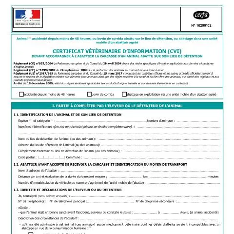 Aperçu du document Certificat Vétérinaire d'Information pour abattage à domicile — Santé (CERFA n°16299*02)