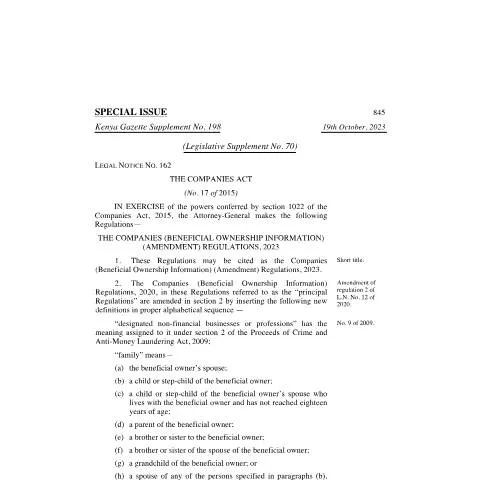 Document preview: Kenya's 2023 Beneficial Ownership Disclosure Amendments — Legal & justice (CERFA n°L.-N.-162-Companies-Beneficial-Ownership-Information-Amendment-Regulations-2023)