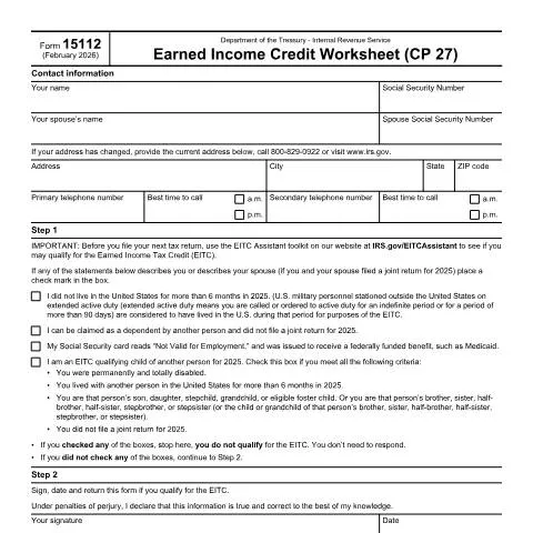 Document preview: Essential Guide to IRS Form 15112 for EITC Eligibility — Taxes (CERFA n°15112)