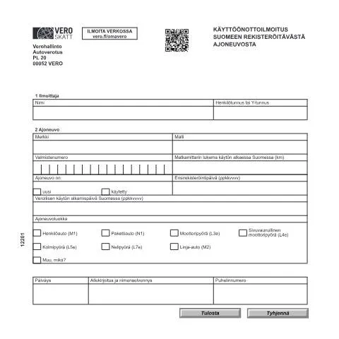 Document preview: Ajoneuvon käyttöönottoilmoitus Suomessa — Verot & verotus (CERFA n°Vero 1220)
