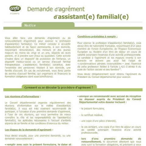 Aperçu du document Procédure d'agrément assistant familial : guide complet — Santé (CERFA n°13395*02)