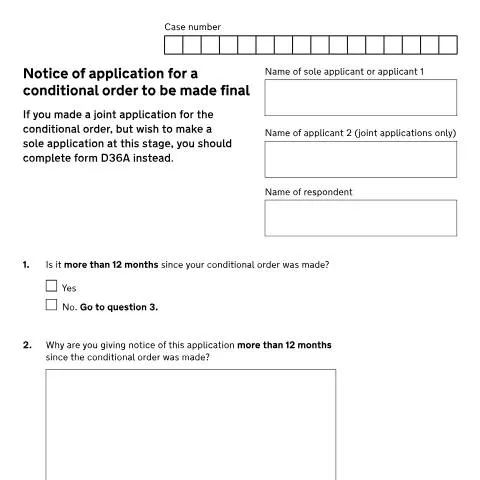 Document preview: How to Apply for Final Divorce Order Using Form D36 — Legal & justice