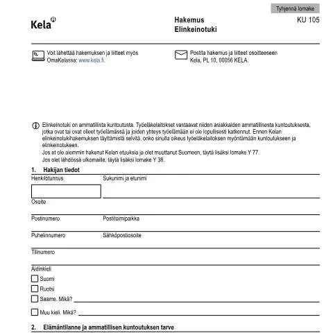 Document preview: Elinkeinotuki ja sen hakeminen ammatillisessa kuntoutuksessa — Hallinnolliset asiat (CERFA n°Kela KU 105)