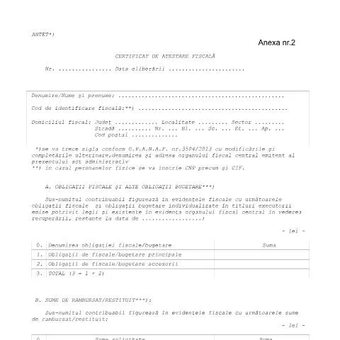 Document preview: Importanța certificatului de atestare fiscală în România — Impozite & fiscalitate (CERFA n°A2_OPANAF3654_2015)