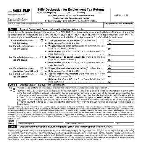 Document preview: Understanding IRS Form 8453-EMP for Employment Taxes — Taxes (CERFA n°8453EMP)