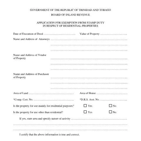 Document preview: Navigating the Stamp Duty Exemption Process in Trinidad and Tobago — Government & admin (CERFA n°Exemption from Stamp Duty in respect of Residential Properties)