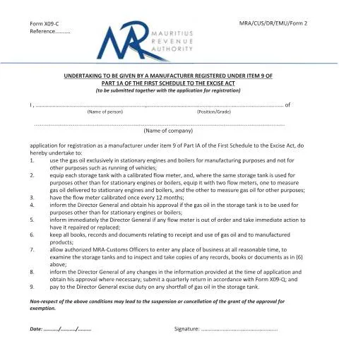 Document preview: Official Manufacturer Undertaking for Excise Compliance — Government & admin (CERFA n°FormX09C)