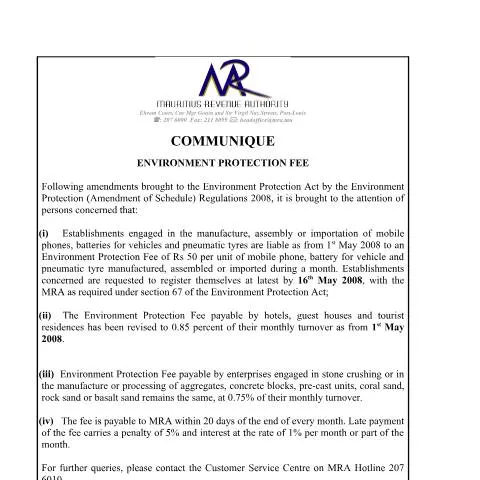 Document preview: The Role of the Environment Protection Fee in Mauritius — Government & admin (CERFA n°EPFAmended)