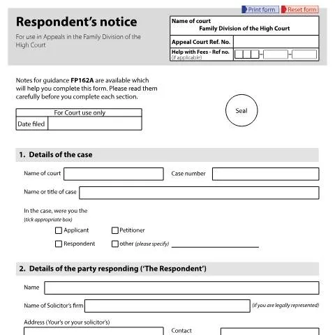 Document preview: Understanding Form FP162 for Family Division Appeals — Legal & justice