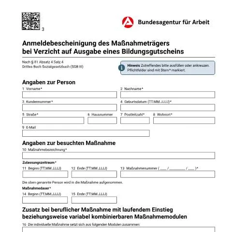 Dokumentvorschau: Wichtige Informationen zur Anmeldebescheinigung des Maßnahmeträgers — Behörden & Verwaltung (CERFA n°fbw-anmeldebescheinigung-sgbiii_ba042114)