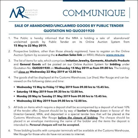 Document preview: Unlock Value from Unclaimed Goods through Public Tender — Government & admin (CERFA n°Communique20of2019)