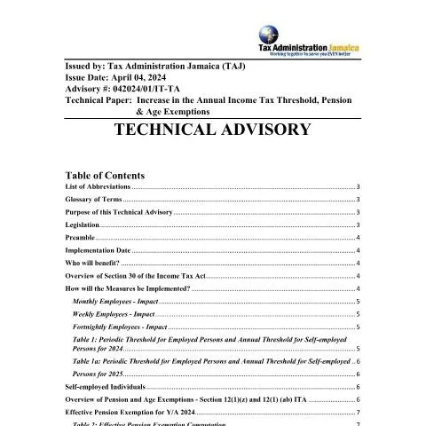 Document preview: Jamaica Tax Advisory: Income Thresholds and Exemptions for 2024 — Taxes (CERFA n°TECHNICAL_ADVISORY_Threshold+Pension+_Age+Exemption_FINAL_12042024_CGEO_e)
