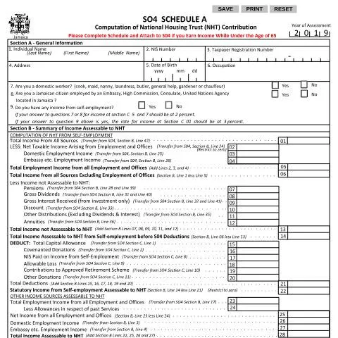 Document preview: Understanding the S04 Schedule A Form for NHT Contributions in Jamaica — Taxes (CERFA n°NHT+Sch+A+for+SO4+2019)