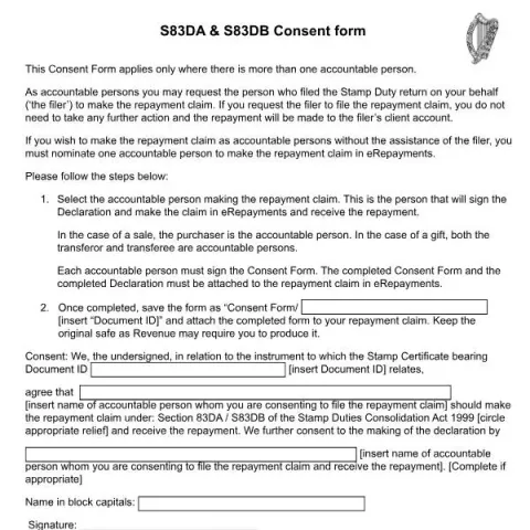 Document preview: S83DA/S83DB Stamp Duty Consent Form — Taxes (S83DA/S83DB Consent)