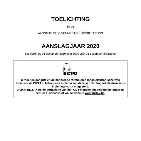 Aperçu du document Guide pour la déclaration d'impôt sur les sociétés 2020 — Impôts & fiscalité (CERFA n°121-aangifte-venb-toelichting-2020)