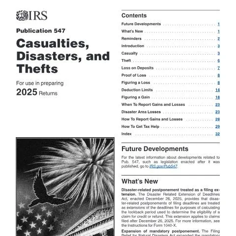 Document preview: Understanding IRS Publication 547 for Tax Relief After Disasters — Taxes (CERFA n°PUB-547)