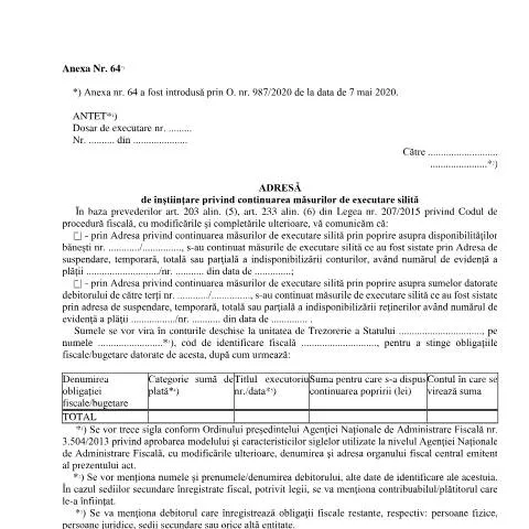 Document preview: Continuarea măsurilor de executare silită - OPANAF 63/2017 — Impozite & fiscalitate (CERFA n°A64_OPANAF_63_2017)