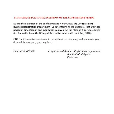 Document preview: Mauritius Business Filing Deadlines Extended Amid COVID-19 — Government & admin (CERFA n°COMMUNIQUE-12-APR)