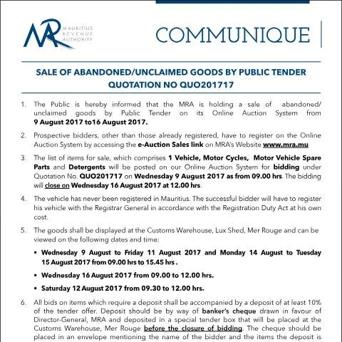 Document preview: Guide to Bidding on Abandoned Goods in Mauritius — Government & admin (CERFA n°CommuniqueQ17of2017)