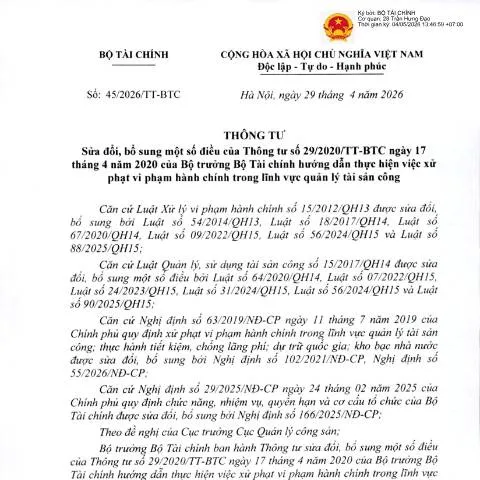Document preview: Cập nhật Thông tư số 45/2026/TT-BTC về quản lý tài sản công — Thuế & tài chính (CERFA n°45/2026/TT-BTC)