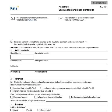 Document preview: Vaativa lääkinnällinen kuntoutus: Hakemuksen merkitys ja oikeudet — Hallinnolliset asiat (CERFA n°Kela KU 104)