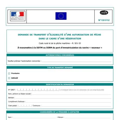 Aperçu du document Comment transférer une autorisation de pêche entre navires — Démarches administratives (CERFA n°15919*02)