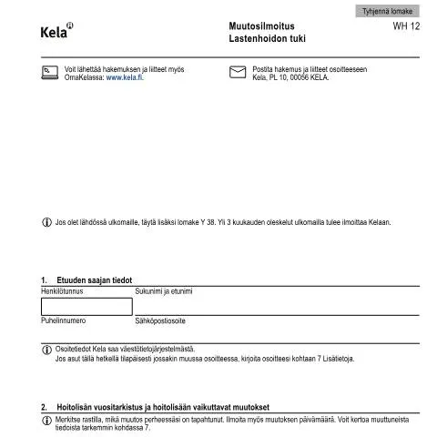 Document preview: Miksi Muutosilmoitus - Lastenhoidon tuki on tärkeä? — Tuet & sosiaalietuudet (CERFA n°Kela WH 12)