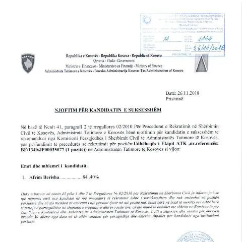 Document preview: Roli i Njoftimit për kandidatin e suksesshëm në punësim — Punë & punësim