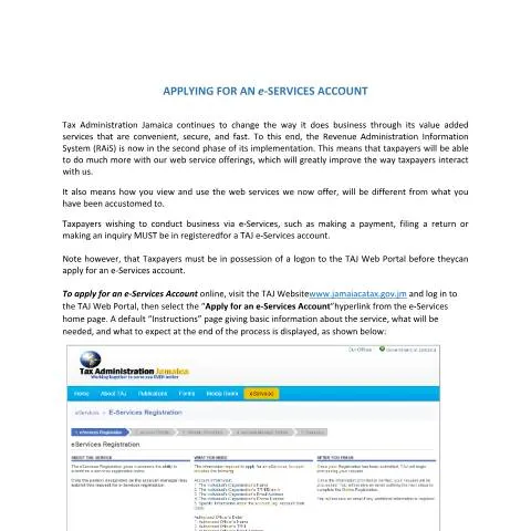 Document preview: Guide to Applying for an eServices Account in Jamaica — Government & admin (CERFA n°eServices+-+Apply+for+an+eServices+Account)