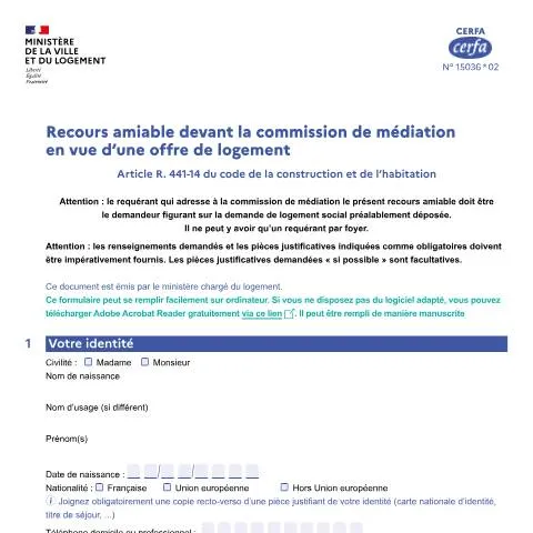 Aperçu du document Commission départementale de médiation : votre dernier recours pour un — Logement (CERFA n°15036*01)