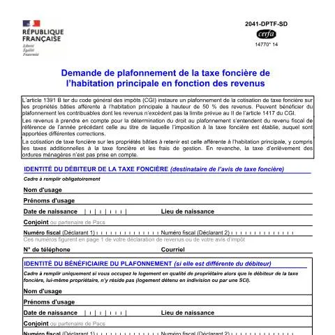 Aperçu du document Plafonnement de la taxe foncière selon vos revenus : mode d'emploi — Impôts & fiscalité (CERFA n°14770)