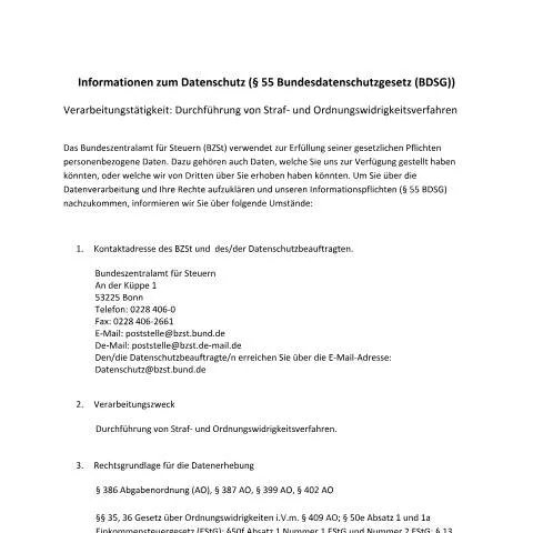 Dokumentvorschau: Datenschutz im BZSt im Überblick — Behörden & Verwaltung (CERFA n°BuStra)