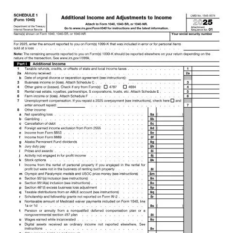 Document preview: Understanding IRS Form 1040 Schedule 1 for Your Taxes — Taxes (CERFA n°1040S1)