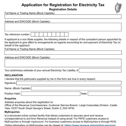 Document preview: Register for Electricity Tax with the Revenue Commissioners — Taxes