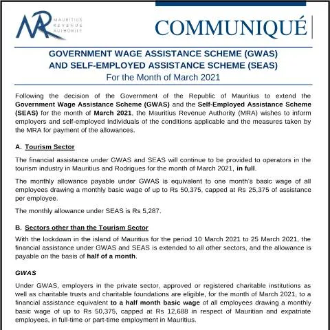 Document preview: Extension of GWAS and SEAS Schemes for March 2021 — Government & admin (CERFA n°COMMUNIQUE130321GWASandSEAS)