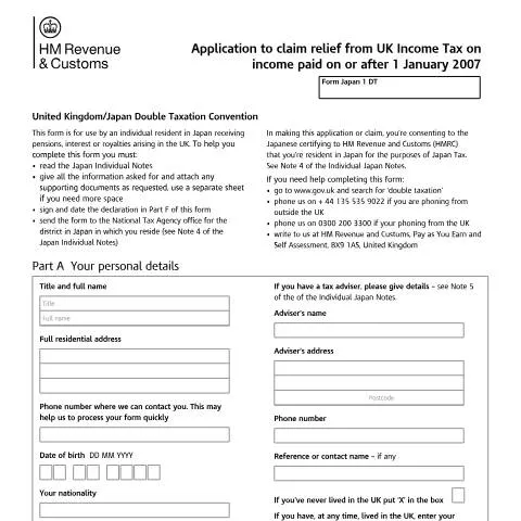 Document preview: How to Claim UK Tax Relief as Japan Resident Using Form Japan-1-DT — Taxes