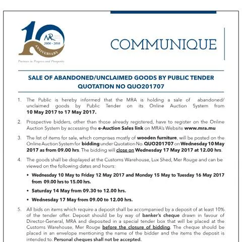 Document preview: Explore the Public Tender for Abandoned Goods in Mauritius — Government & admin (CERFA n°CommuniqueQu07of2017)