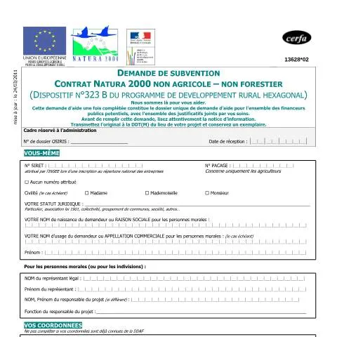 Aperçu du document Demande de subvention pour espaces naturels protégés Natura 2000 — Démarches administratives (CERFA n°13628*02)