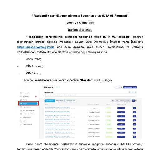 Document preview: Rezidentlik Sertifikatını Almaq Üçün DTA-01 Forması — İdarəetmə prosedurları