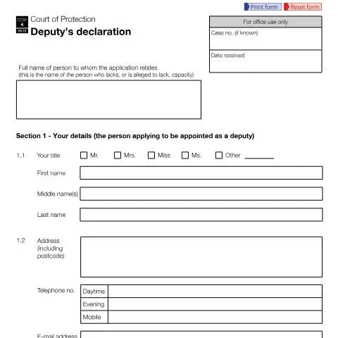 Document preview: Court of Protection Form COP4: Deputy Declaration Requirements — Legal & justice